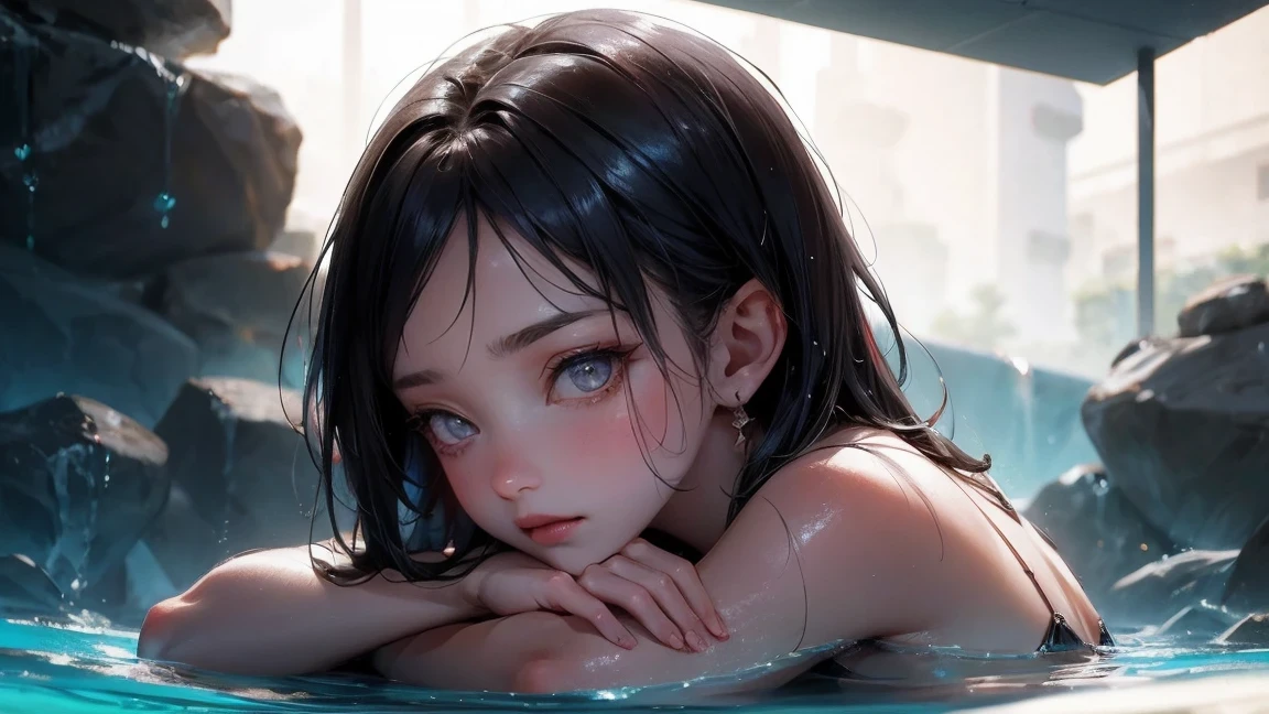 top quality, masterpiece, ultra high definition, (lifelike: 1.4), original photo, 1 girl, black hair, shiny skin, wet, dramatic lighting, whole body, (((micro bikini)), huge