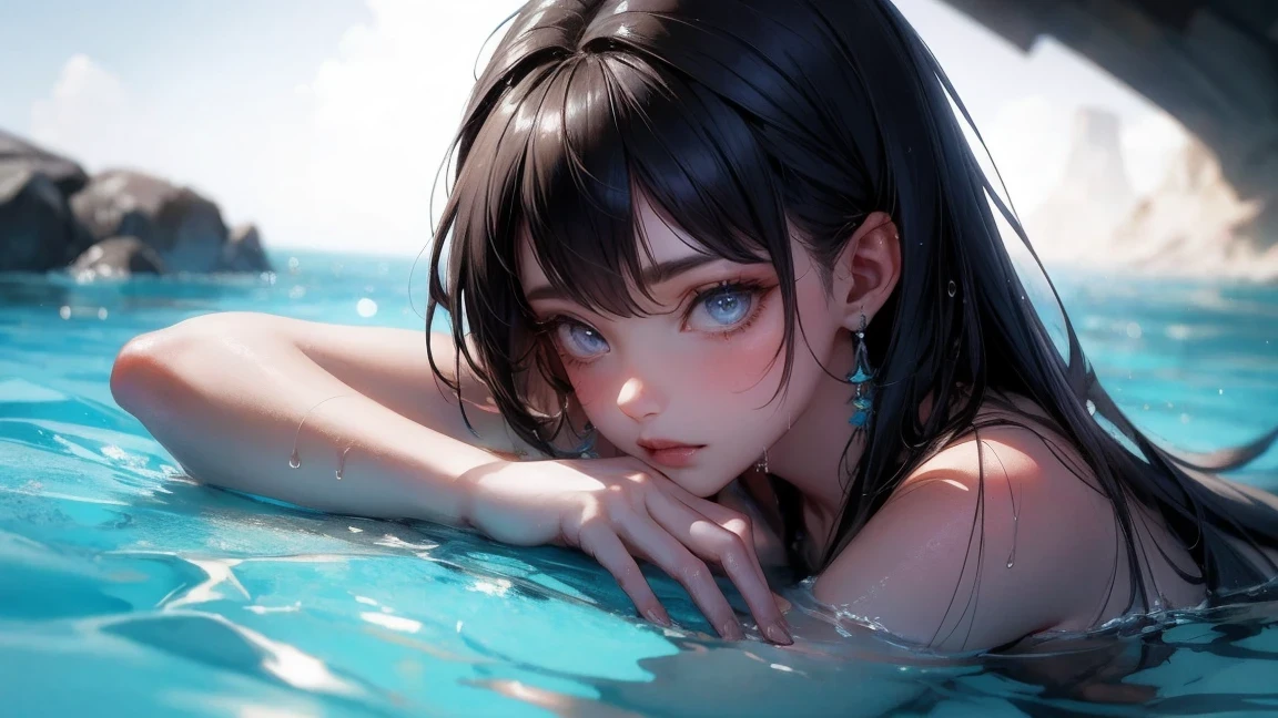 top quality, masterpiece, ultra high definition, (lifelike: 1.4), original photo, 1 girl, black hair, shiny skin, wet, dramatic lighting, whole body, (((micro bikini)), huge