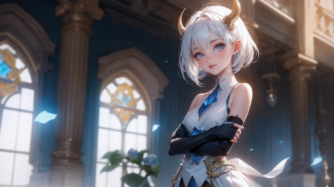 1 girl, Bethel, blue eyes, bare shoulders, breast, medium breast, short hair, white hair, hair covering one eye, Bangs, Gloves, sleeveless, alone, shirt, fingerless Gloves, white shirt, sleeveless shirt, Put your arms behind your back, Off the shoulders, horn, Smile, (masterpiece), (best quality), (Super detailed), indoors, Simple background, blue flower,
