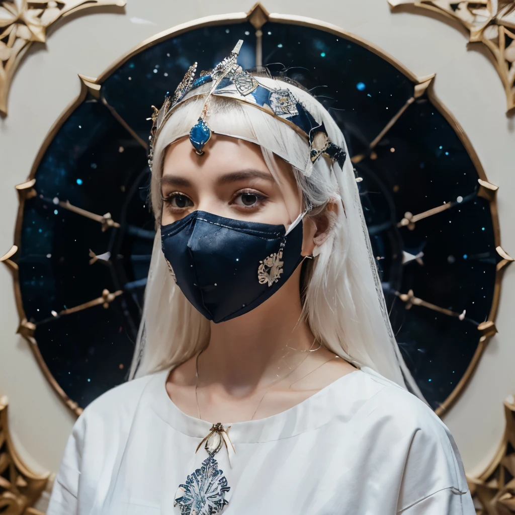 "Generate an artistic representation of the Mask of Starshadow. This is a celestial mask carved from iridescent white ivory, adorned with embossed geometric patterns representing constellations. No entanto, include a subtle detail where the bottom of the mask features a texture reminiscent of a Hollow mask, with irregular carvings and a slightly more sinister appearance. The eyes are deep dark wells, destacando-se contra o branco radiante. Dark blue details at the bottom of the mask resemble distant nebulae. Quando ativada, emite um brilho azul-cintilante em harmonia com o cosmos
