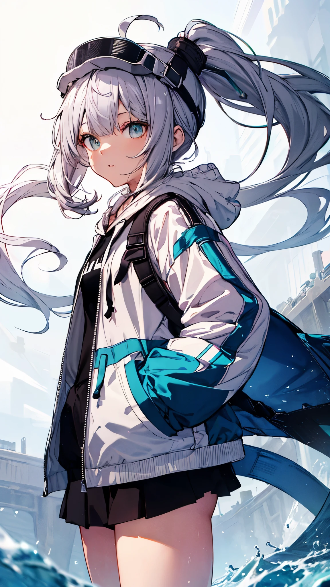(upper body),epinel \(nikke\),(white hoodie), open jacket, drawstring,(black skirt),pony tail,silver hair,short stature,skinny,(with hands in pockets,contrapposto),top-quality,Top image quality,perfect anatomy,masterpiece,ultra-detailliert,Beautiful,ultra-quality, best quality,high resolution, ultra-detailed,game cg,dutch angle ,beautiful detailed eyes,visualart,five fingers, perfect hands, perfect lighting,