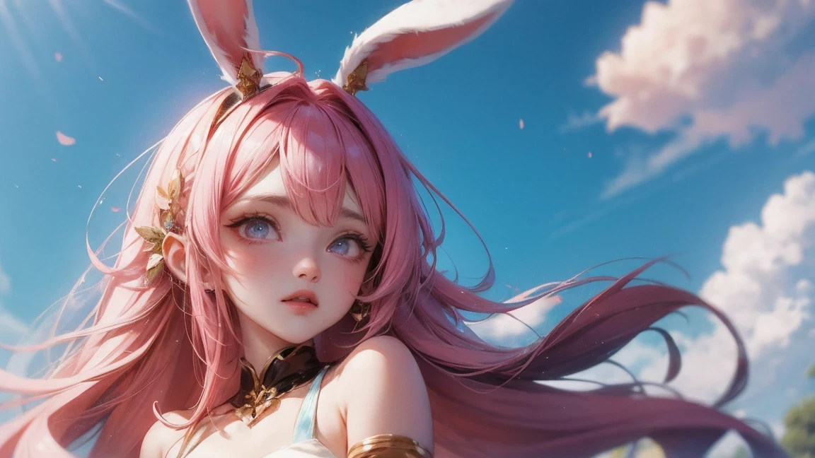anime style, Cartoon close-up of a woman with ears and bunny tail, With a rabbit tail, With rabbit ears, girls design, Second-rate, portrait, gisha, anime image, long hair, pink hair, hair covering ears, happy, Polished and powerful look, out of tune, High  