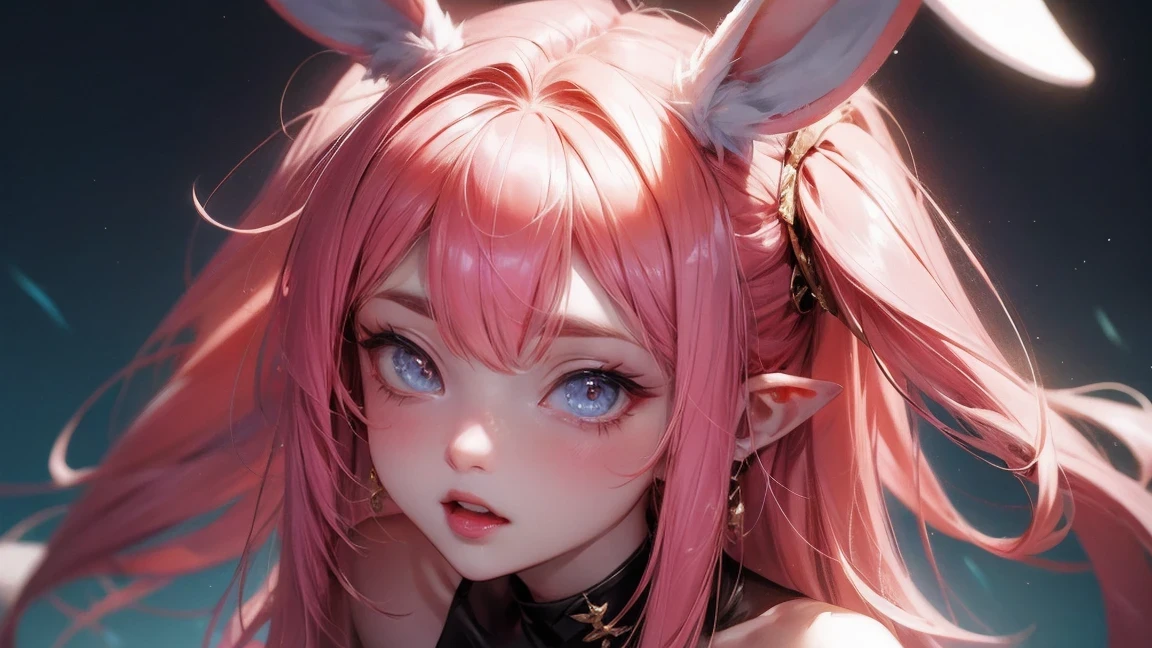 anime style, Cartoon close-up of a woman with ears and bunny tail, With a rabbit tail, With rabbit ears, girls design, Second-rate, portrait, gisha, anime image, long hair, pink hair, hair covering ears, happy, Polished and powerful look, out of tune, High