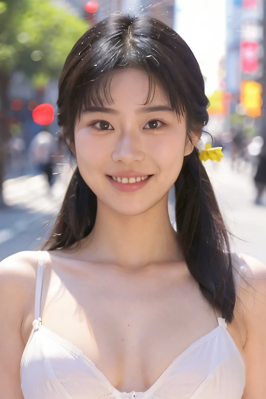 NSFW:1.5,((highest quality、8K resolution、master masterpiece、portrait:1.3)), Photoreal, 35mm film, 1 Japanese female, Upper body、on the street during the day,tassel 、double bun 、 wrinkles around the eyes, plump body、smile,((white bra_panties:1.3)) , (outdoor:city street 1.3), jumbled background,look at the audience,Tokyo cityscape:1.3,smile