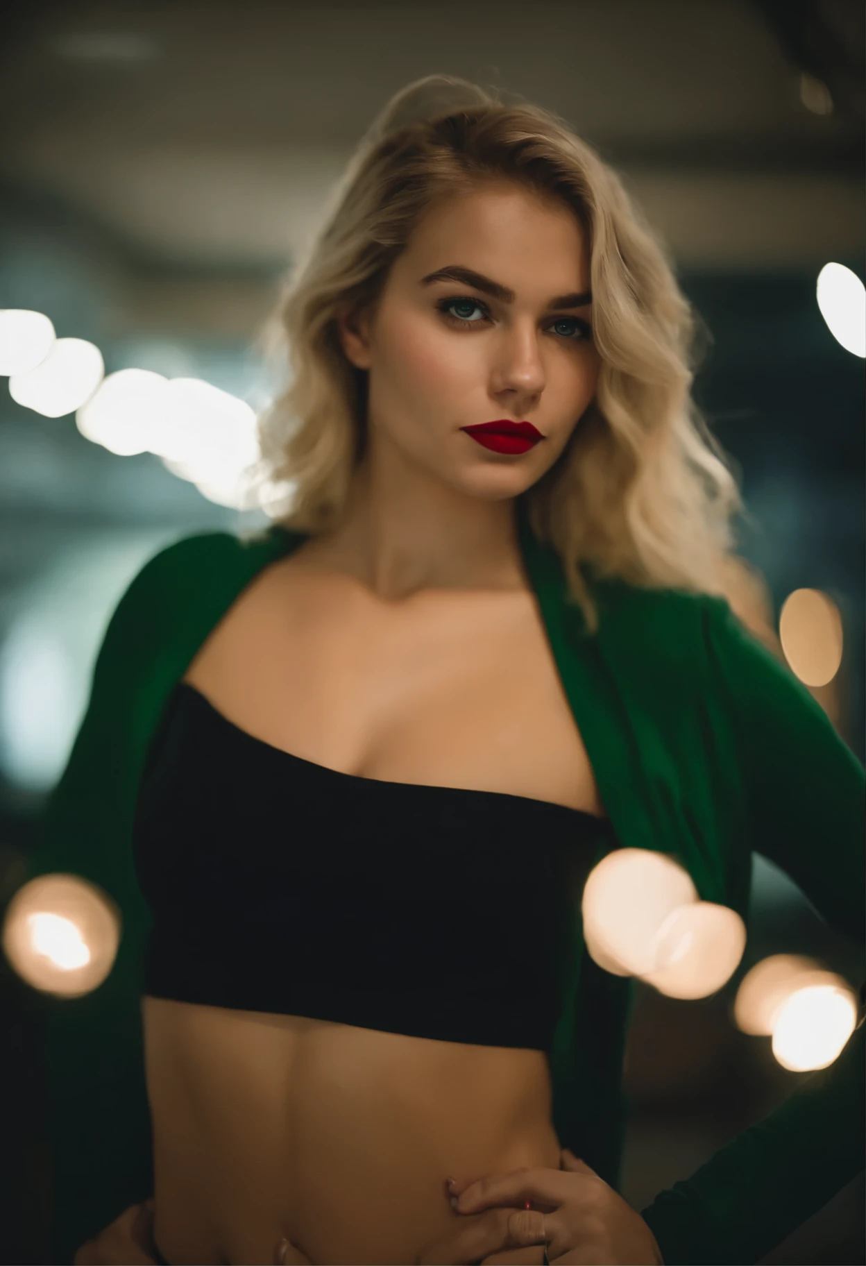 beautiful 22 years old instagram model, blonde hair, tiny black bikini, green eyes, red lipstick, at the gim, photorealism