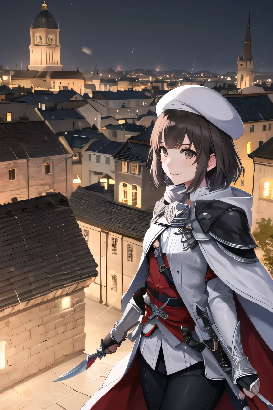 masterpiece, best quality, high resolution, short hair, white tiara, Berets,Assassin's Creed, Brown eyes,white beret, black cloak,black pants, Silver short knife,Complex cloak, standing on the roof, Medieval Roman architecture, (night), rain,Smile,