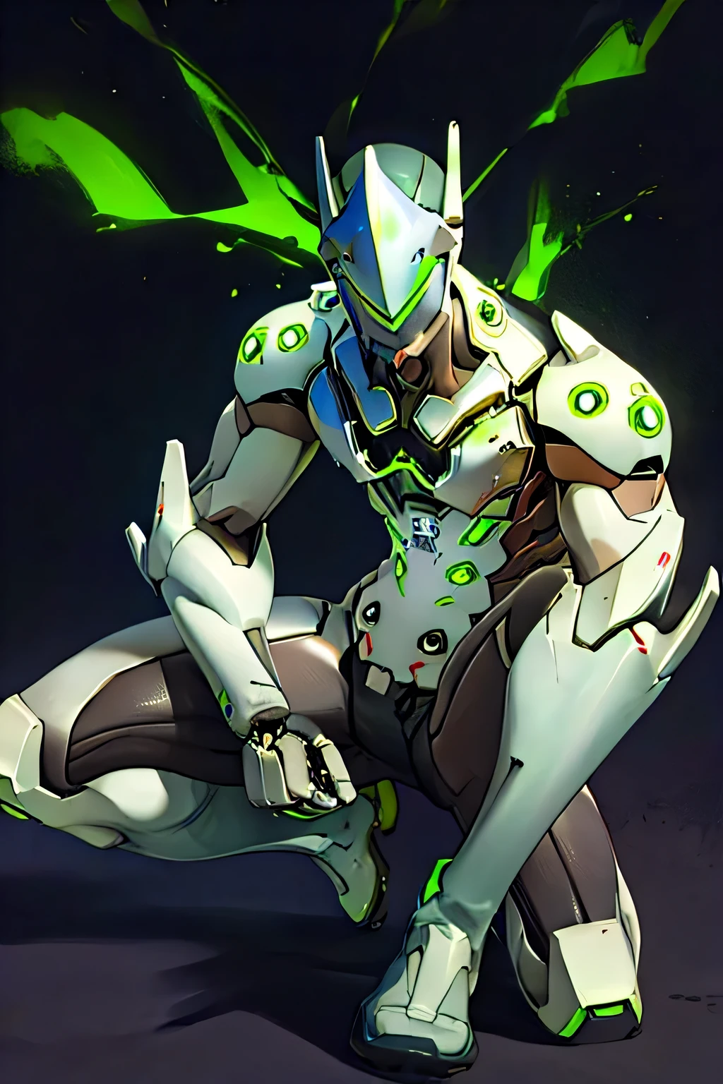 Genji, alone, body suit, cyborg, visor, Helmet, boots, dynamic pose,highest quality,  