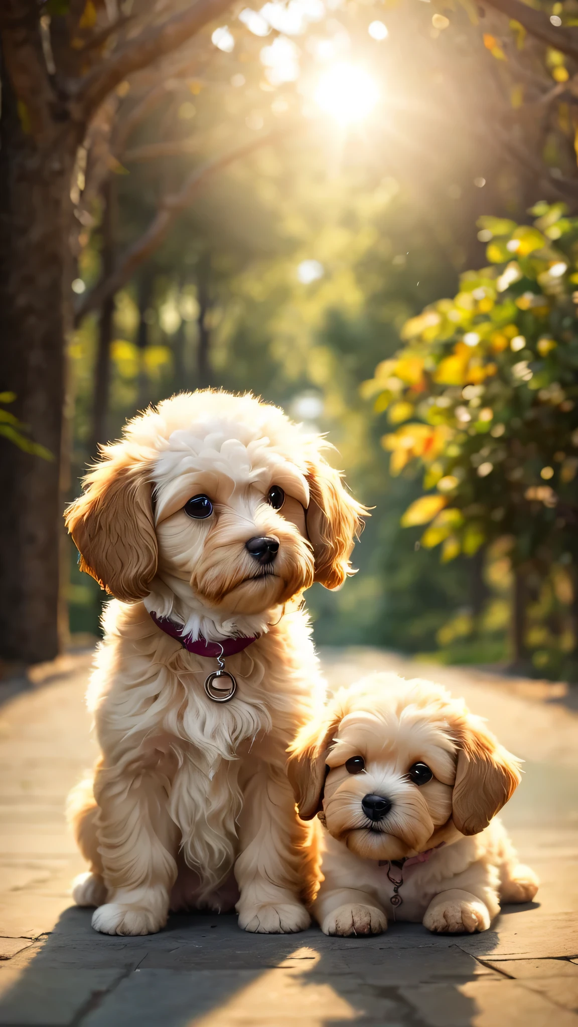 Two small dogs sitting on a sidewalk in the sun - SeaArt AI