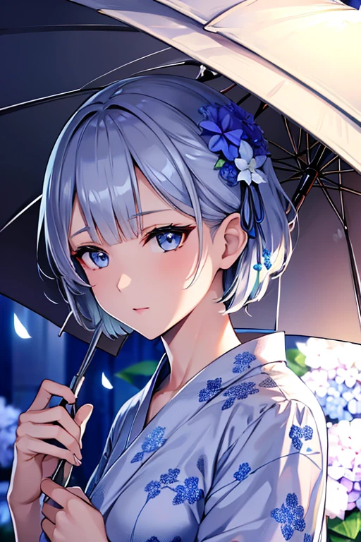 silver hair short hair blue eyes Crisp look fair skin Beauty rain Floral Yukata Blue umbrella hydrangea