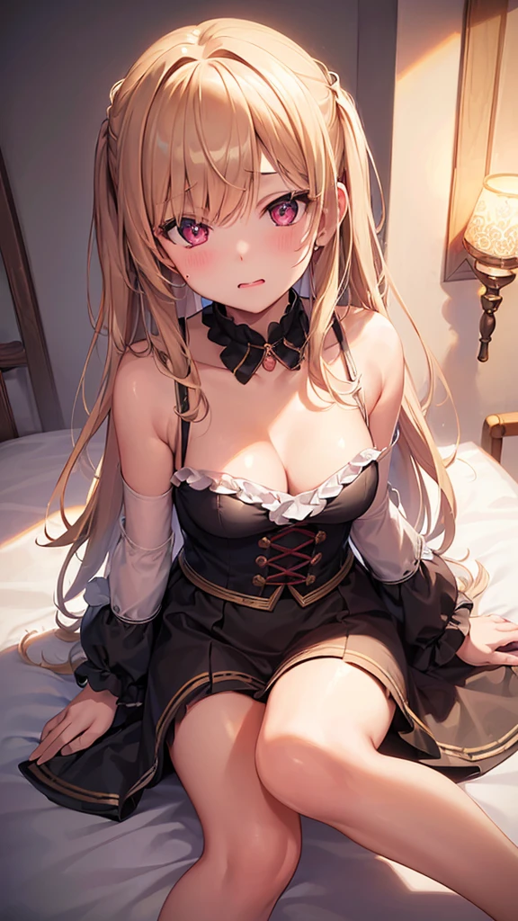 ((highest quality)), (master piece), best illustrations, (8k), young girl, Medium chest, You can see a little cleavage, Less exposure, ((Stinking eyes)), (((I'm very embarrassed))), [[inviting eyes]], ((Naughty eyes)), ((upward glance)), on the bed, blushing, steam, ((doing peace))