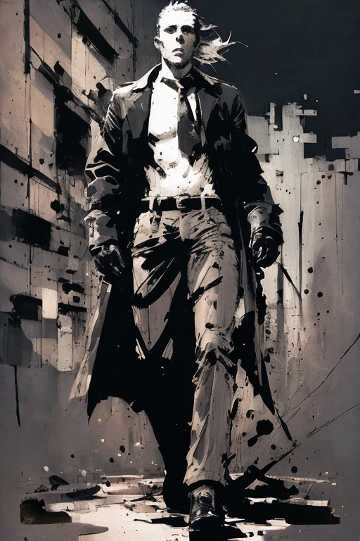 a -yeld maith light blue hair and black eyes, wears a black superhero outfit similar to a spy uniform with a tattered yellow cape, an aura of shadows appears behind him, his back on top of a building and is watching a city in ruins, anime, novel cover