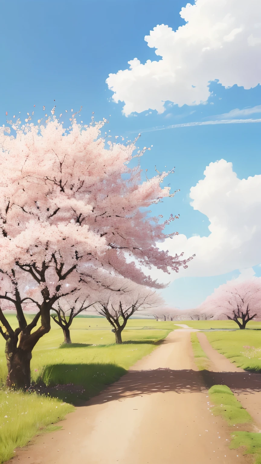 Steppe in summer，Fluctuating with the wind，A cherry blossom tree with a huge crown in the distance