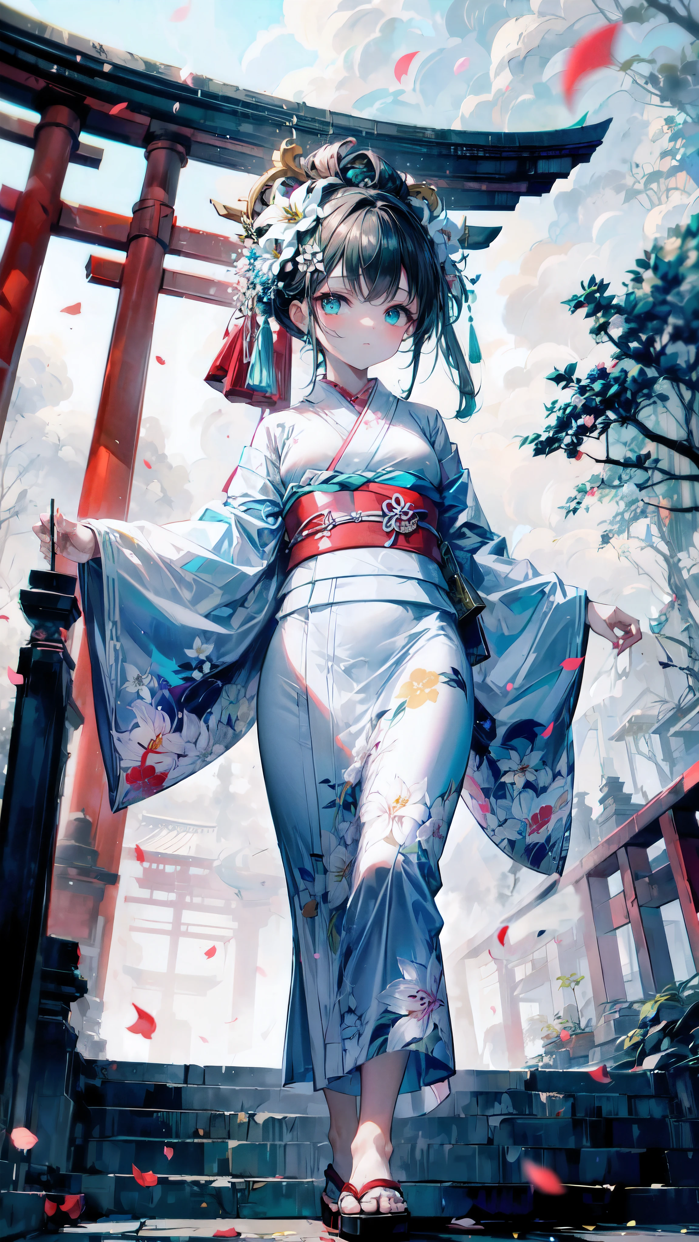 (A 7 girl:1.2), (Very young liChange, (alone), (small breasts), (wide angle), (white lily flower), original photo, Aesthetic, complex, won, cybernetic enhancement, chiaroscuro, best quality, Detailed background, (Ooth atmosphere:1.2), (cloudy day),((girl wearing cotton kimono:1.2)), Large cotton kimono, cotton large kimono, Very long kimono sleeves, best wrinkles, real wrinkles, Best shadows, (walk through (foggy dark zen garden)), (real location), Exquisite and beautiful eyes, casual gesture, Detailed texture, pose, (anatomically correct body, Detailed face, (Very Detailed texturekimono with floral pattern), (black hair), thick hair, hair accessories, Komono, kimono, Heart, Outdoor activities, pagoda, petal, Cyan kimono, sash, shrine, sky porn, stone staircase, Torii, wide sleeves, yukata,(cloudy, Ooth)
