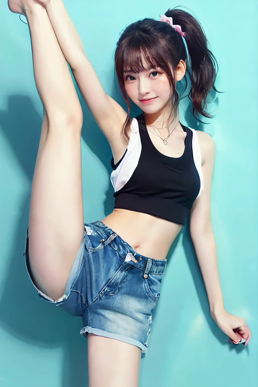 Are standing split, Are standing on one leg, Are standing, raise your legs, 1 girl, alone, high school student、woman, Tank top, denim shorts, ponytail, white background、beautiful girl、smile、barefoot、bare legs、white skin