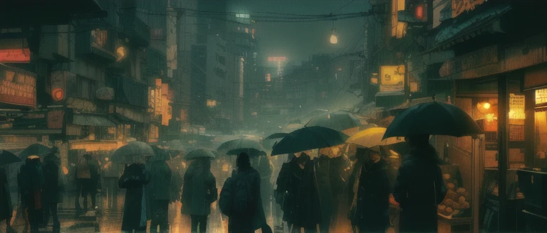 A person walking with an umbrella in the rain in the city at night々, rainy cyberpunk city, Like the scene in Blade Runner, Heavy rain falls at night in Tokyo, rainy night city street, rainy night city street, Busy wet street at night, Japanese cyberpunk cityscape, hyper-realistic cyberpunk style, surrealなサイバーパンクシティ, rainy night city street, cyberpunk style ， surreal