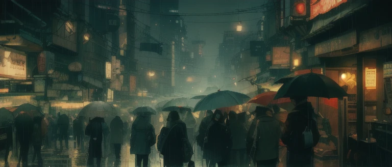 A person walking with an umbrella in the rain in the city at night々, rainy cyberpunk city, Like the scene in Blade Runner, Heavy rain falls at night in Tokyo, rainy night city street, rainy night city street, Busy wet street at night, Japanese cyberpunk cityscape, hyper-realistic cyberpunk style, surrealなサイバーパンクシティ, rainy night city street, cyberpunk style , surreal