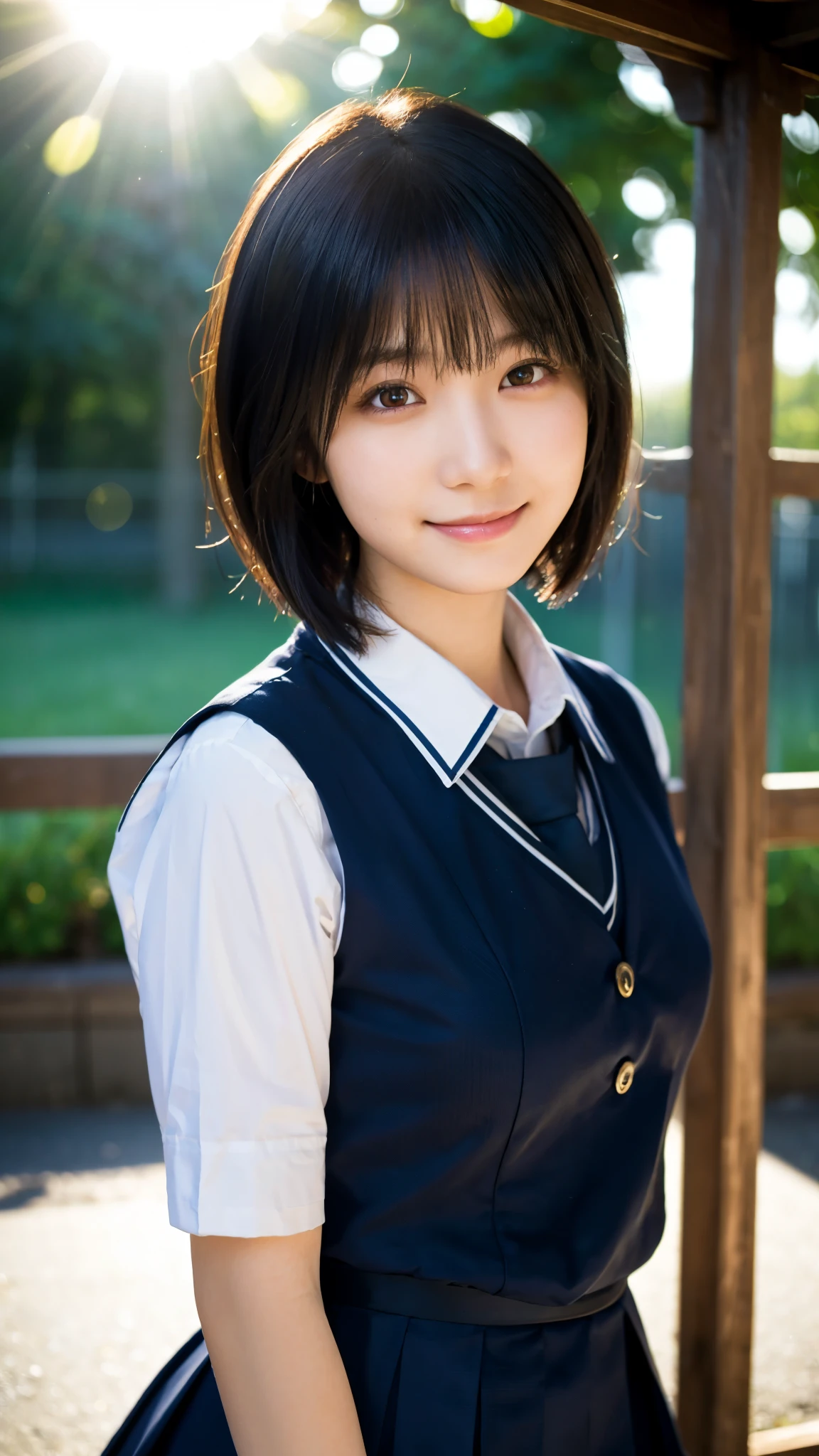 (highest quality,masterpiece:1.3,ultra high resolution),(Super detailed,caustics,8k),(photorealistic:1.4,RAW shooting),1 girl,18-year-old,cute,Japanese,black short bob,(school uniform),(Looking at me with a smile),morning,blue sky,sun,Natural light,school playground,(front shot),bust up shot,Backlight,Lens flare