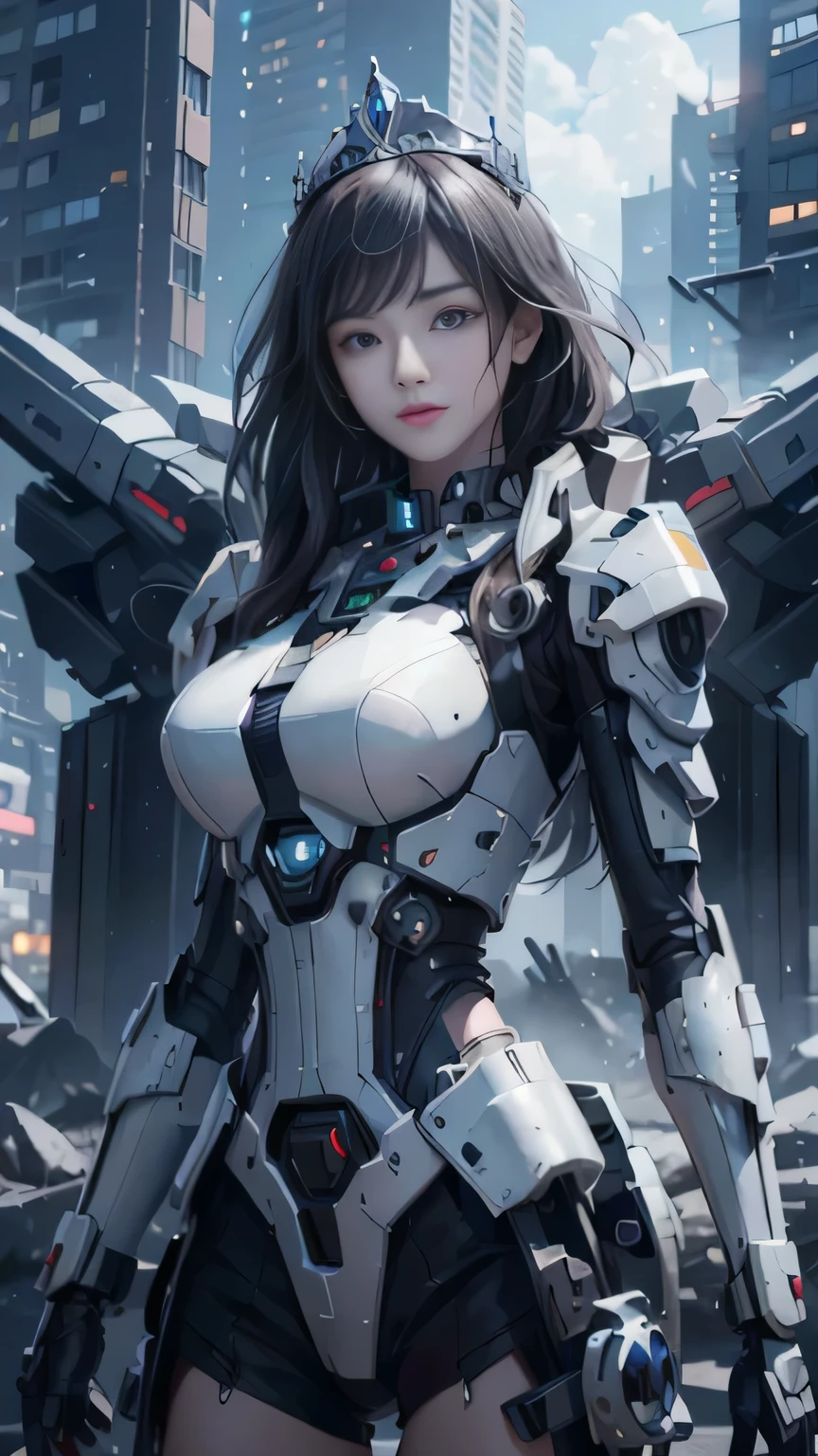 ((highest quality)), ((masterpiece)), (very detailed: 1.3), 3D, Shitsumeka, Beautiful cyberpunk woman wearing a mech and a crown in the ruins of a city of forgotten wars, long silver hair, science fiction technology, HDR (high dynamic range), ray tracing, NVIDIA RTX, super resolution, unreal 5, Scattered beneath the surface, PBR texture, Post-processing, anisotropic filtering, Depth of the bounds written, Best sharpness and sharpness, multilayer texture, Albedo and specular mapping, surface shading, Accurate simulation of light-matter interactions, perfect ratio, octane rendering, Duotone lighting, Low ISO, White balance, Rule of thirds, wide aperture, 8K RAW, High efficiency subpixel, subpixel convolution, luminescent particles, light scattered, Tyndall effect