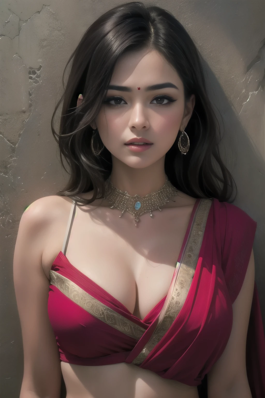 sexy woman, intense gaze, seductive expression, flawless complexion, mesmerizing eyes, luscious lips [sexy, attractive], voluminous hair, neatly styled, flowing locks [60:1.1/40:0.9], sultry attire, blue saree [sexy, eye-catching, vibrant], low-waist saree [figure-hugging, revealing], skin-tight blouse [revealing], detailed embroidery, pinned against the wall, intimate setting [passionate, romantic], soft lighting, shadows and highlights [atmospheric, dramatic], blush on cheeks [rosy, flushed], intense eyeliner [bold, exaggerated], bold lashes [long, voluminous], seductive lipstick [deep red, glossy], anticipation of a kiss, passionate atmosphere [intimacy, desire]. (best quality, highres, ultra-detailed, realistic:1.37), attractive woman, seductive pose, alluring expression, sexy saree, captivating gaze, intense blush, glamorous hair, pinned against wall, ready to kiss.