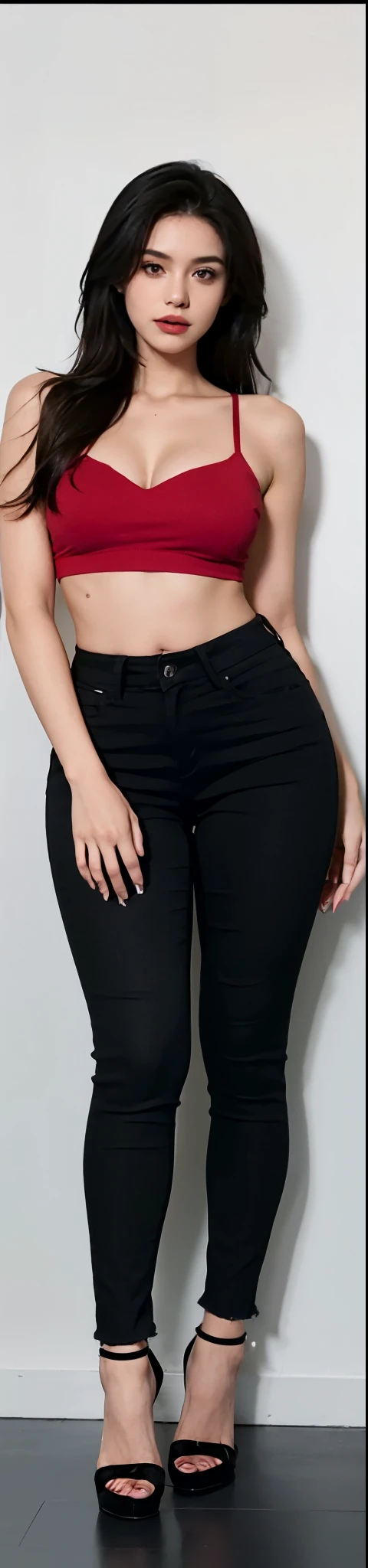 a close up of a woman in a red bra top and black pants, black jeans, black extremely tight jeans, middle shot waist up, black pants, jeans, close up to a skinny, black denim pants, skinny waist and thick hips, thin waist, 2 4 year old female model, waist - shot, bottom body close up, tight denim jeans, exposed waist