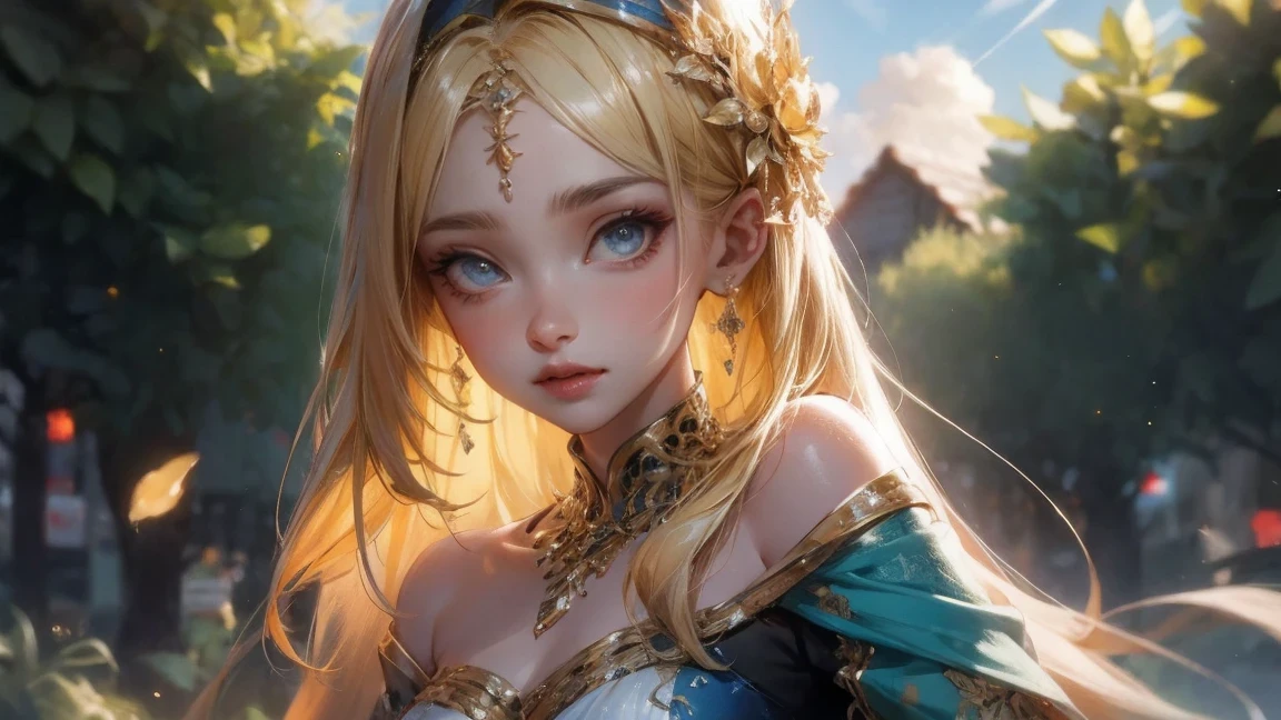 masterpiece, best quality, best quality, (intricate details:1.2), beautiful eyes, 1 girl, alone, outdoor, blue sky, cloudy, Bokeh, lens flare, anamorphic lens flare, depth of field, seductive face, seductive smile, henna_screwed up, yellow hair, red headband, 