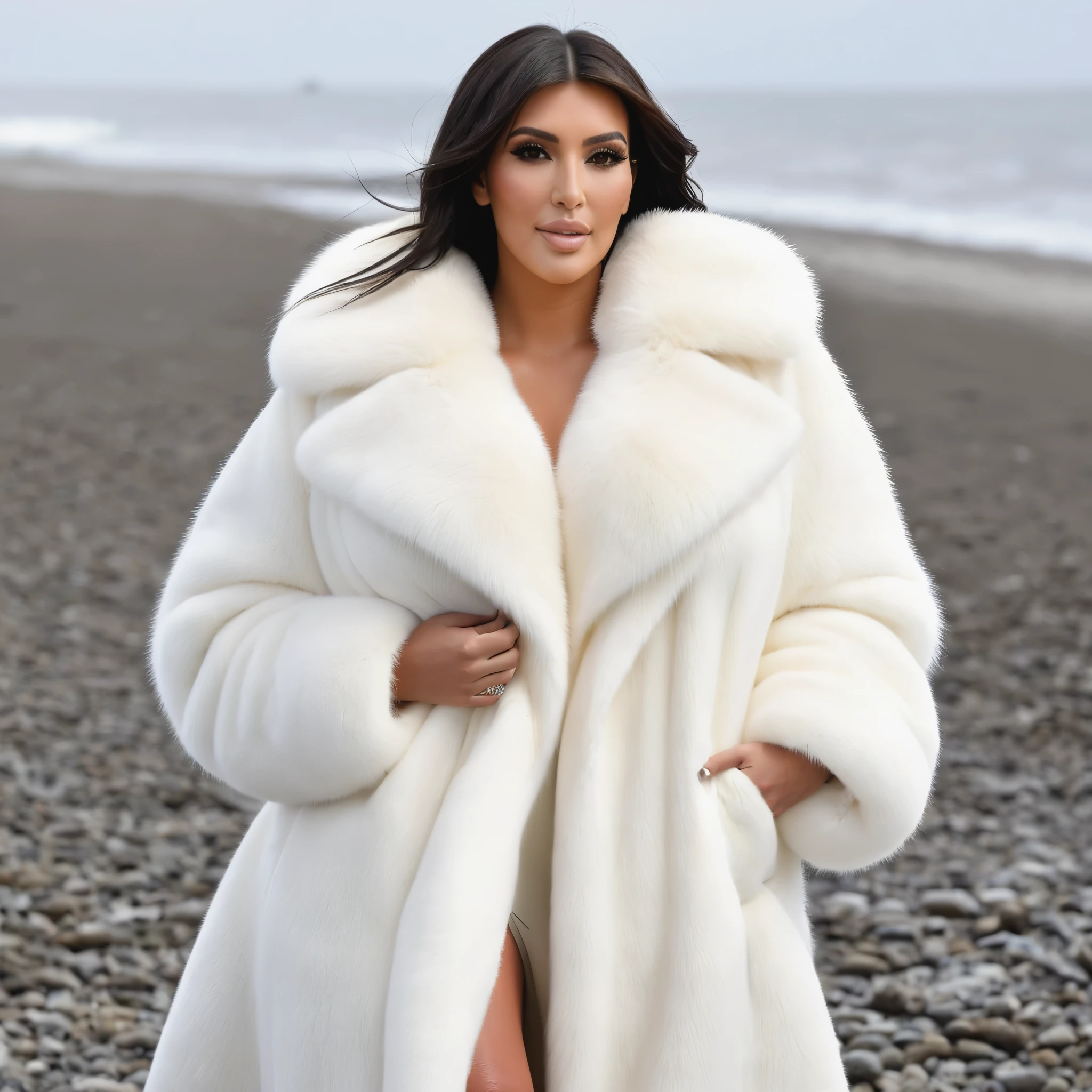 A very wide and very thick, manteau de fourrure en vison blanc, fifty centimeters thick, duveteux, naturel, with an ultra thick white mink fur collar, three layers, sur Kim Kardashian , bare shoulders, and two large breast out of the fur, at Pebble Beach