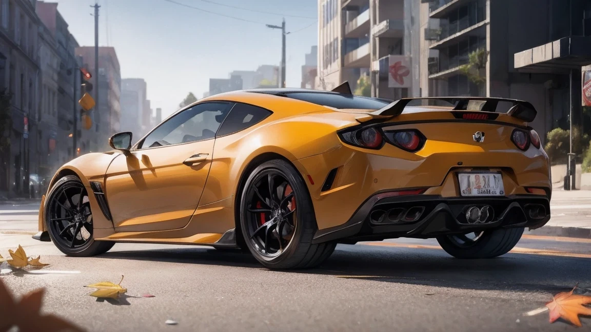 Skyline 32, autumn，Sports car parked on a street covered with leaves (City:1.3), fall, global illumination, Volumetric lighting, best quality, Very detailed, Computer Graphics, illustration, octane rendering,  