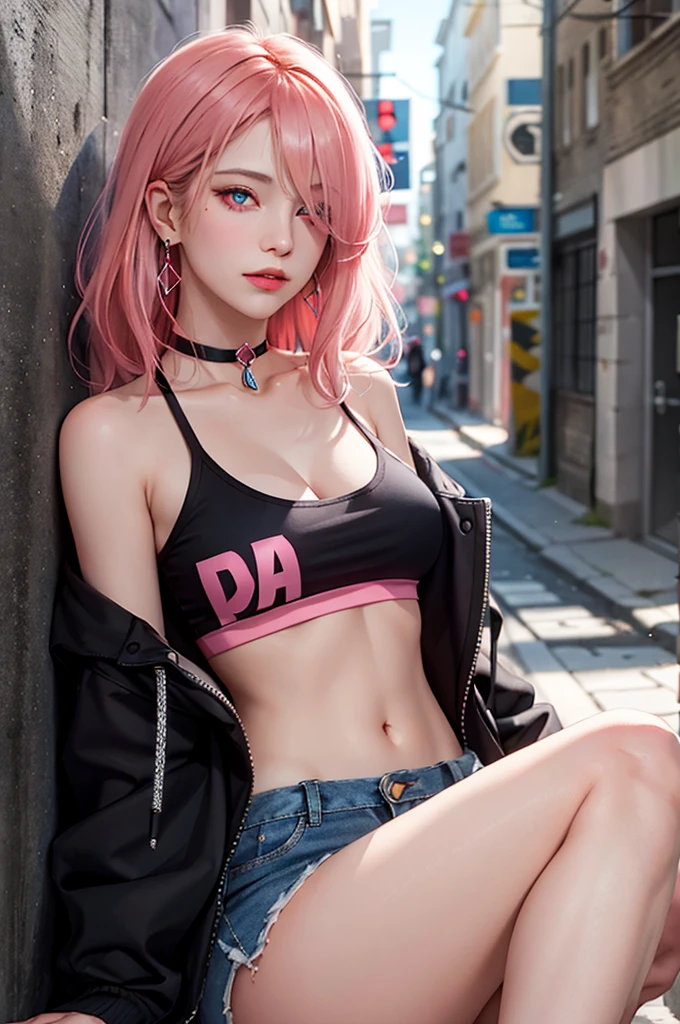 (Masterpiece, Best Quality, 1girl, solo, intricate details, chromatic aberration), Realistic, ((Middle Breath)),Long hair, pink hair, Decoration on a red head, Pink highlights, hair above one eye,violet eyes, earings, sharp eyes, Choker, neon shirt, open jacket, crop-top, (symmetry eyes),(perfect symmetrical body),sitting on a stone, Pursed knees, holds his leg with his hand, Hand at the bottom, graffiti, dim lighting, alley ,Look at the viewer