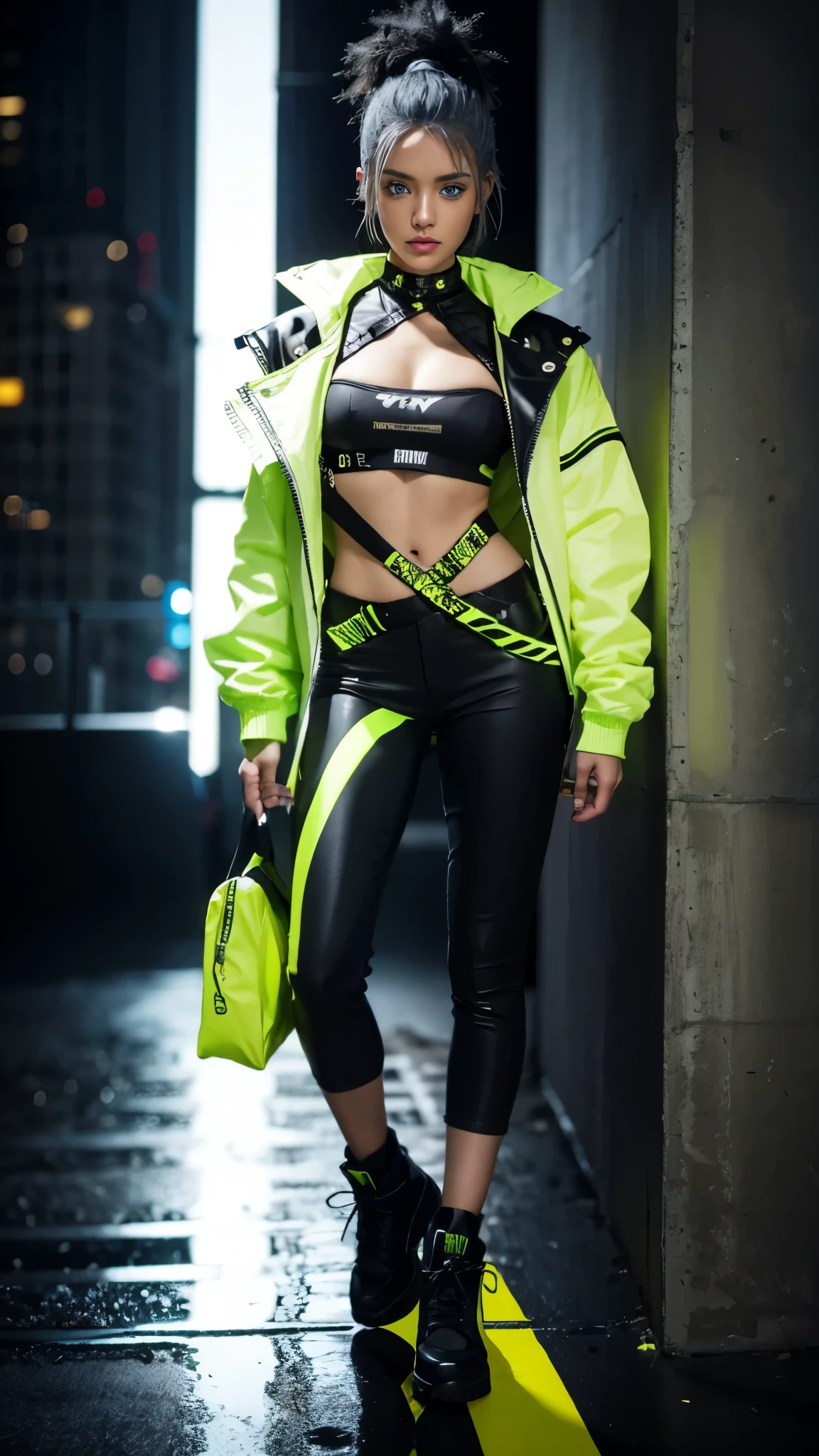 (ultra Detail, 8k, beautiful, best quality:1.2), Neon Yellow Streetwear with Harness Accents,
Craft a striking streetwear ensemble infused with neon yellow accents, juxtaposed against black and white tones,
Begin with a sleek black bodysuit featuring strategic cutouts and mesh panels for a modern, edgy vibe,
Layer over the bodysuit with a cropped white denim jacket embellished with neon yellow graffiti-style graphics, adding a pop of color and urban flair,
Break
Pair the jacket with high-waisted black cargo pants featuring neon yellow contrast stitching and zipper details, exuding utilitarian-chic appeal,
Accessorize with a statement neon yellow harness worn over the jacket, creating a bold, avant-garde look,
Break
Complete the ensemble with chunky black combat boots adorned with neon yellow laces, adding an element of ruggedness and street cred,
Carry a sleek black crossbody bag with neon yellow piping and hardware accents, tying the look together with a touch of cohesion,
Break The model’s ash-gray hair cascades in gentle waves, complementing her mesmerizingly lidded blue eyes, which captivate the viewer. She exudes confidence and allure, serving as the focal point against the understated backdrop, (gray hair, blue eyes:1.4),