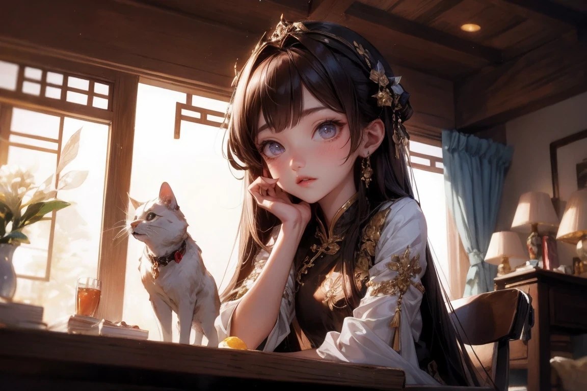 illustration design, Delicate characters, Windows, table, brown hair, big eyes, long cheongsam