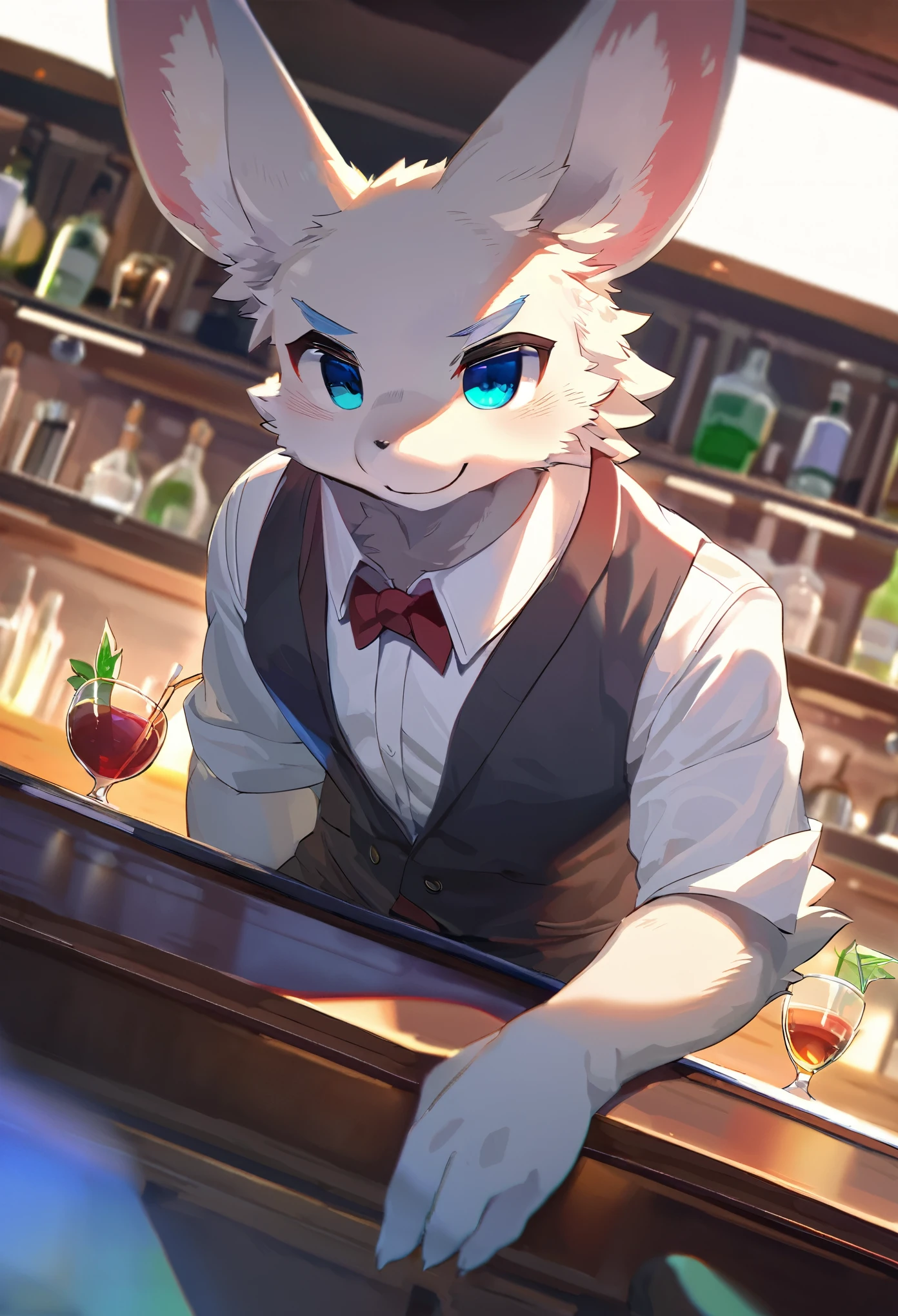 top quality, best quality, High-quality illustrations, masterpiece, super high resolution, detailed background, bartender, bar, cocktail, absurdres, perfect anatomy, expression, good lighting, cinematic shadow(kemono, furry anthro)dynamic angle,