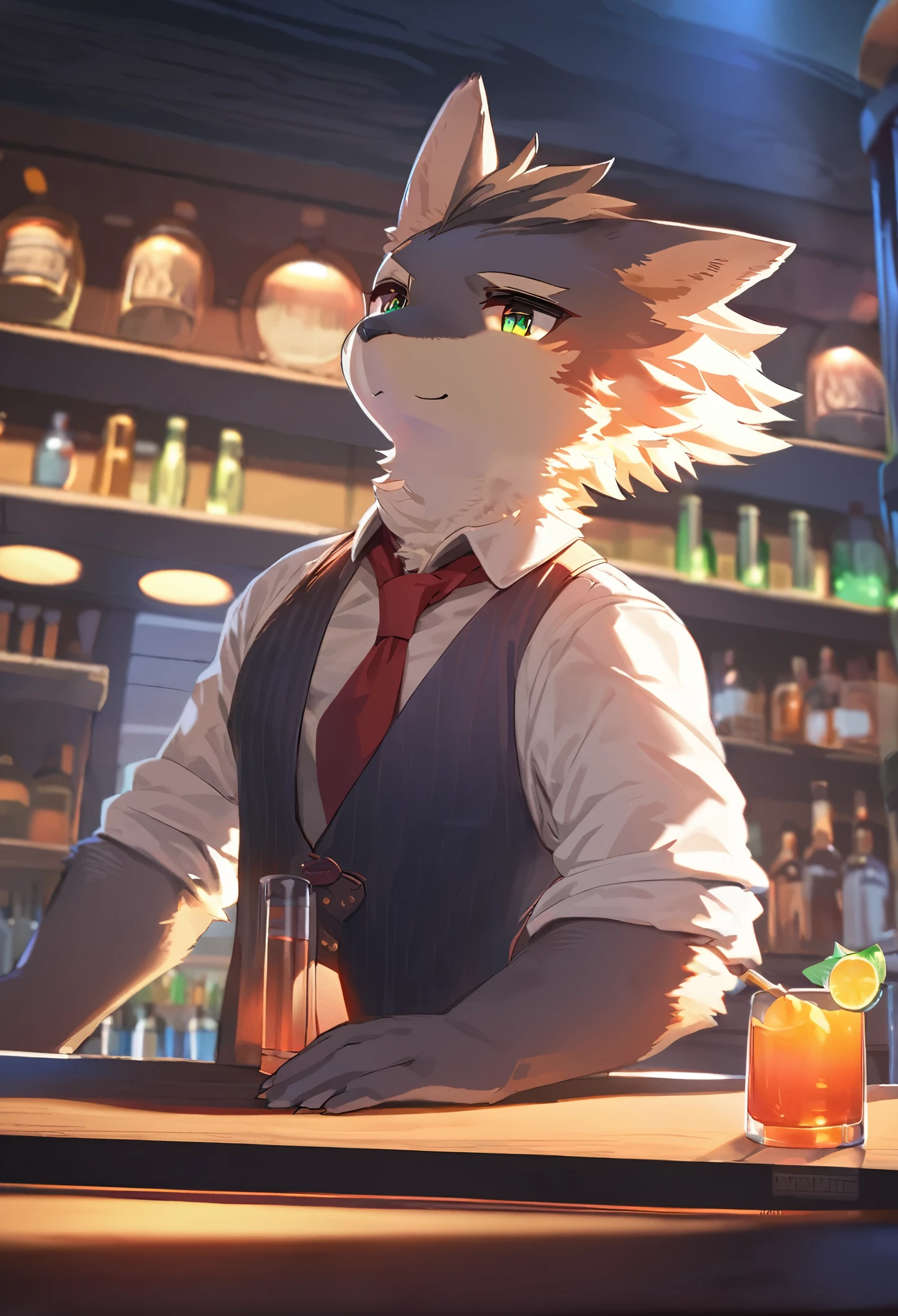 top quality, best quality, High-quality illustrations, masterpiece, super high resolution, detailed background, bartender, bar, cocktail, absurdres, perfect anatomy, expression, good lighting, cinematic shadow(kemono, furry anthro)dynamic angle,