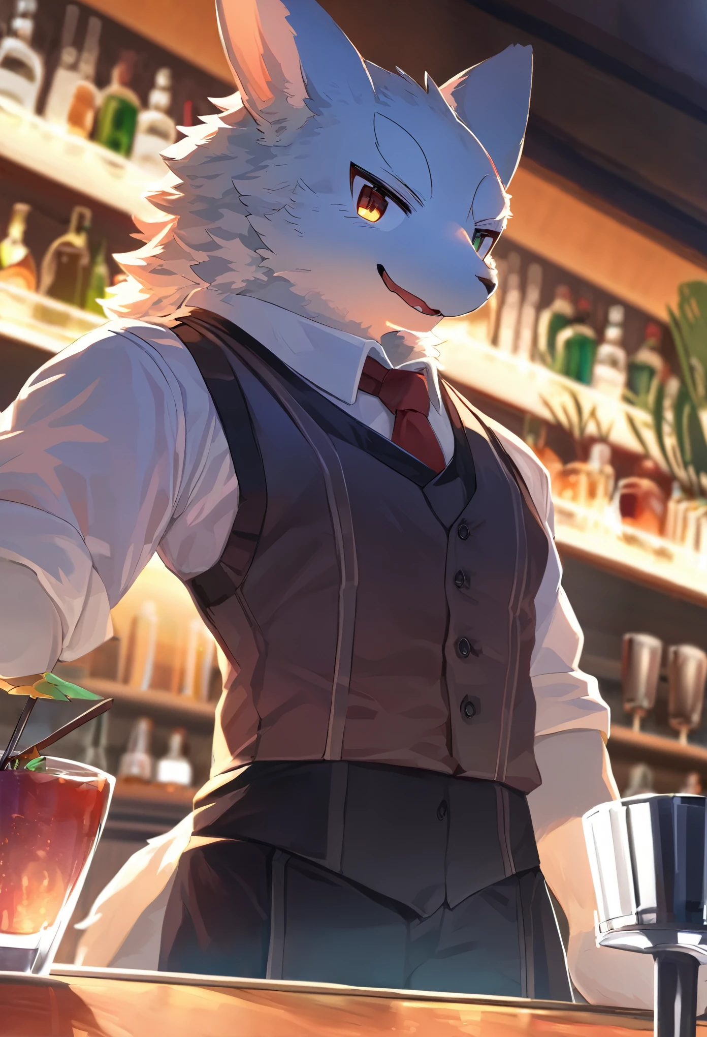 top quality, best quality, High-quality illustrations, masterpiece, super high resolution, detailed background, bartender, bar, cocktail, absurdres, perfect anatomy, expression, good lighting, cinematic shadow(kemono, furry anthro)dynamic angle,