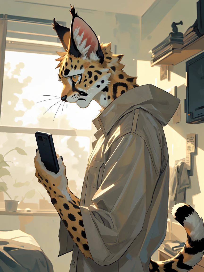 masterpiece, best quality, perfect anatomy, Bright Eyes,(Character focus:1.1), Provided by RUHU1145, via K0BIT0WANI, hairy, (trigger:0.25), male,( alone:1.1), loose clothes, (sad expression:1.1), dormitory,cry,shed tears,Breathe deeply,holding mobile phone,Call up,捂脸cry,abdominal muscles,strong body,(ocelot) ,(ocelot),Caracal,cute face,(Serval cat),大学dormitory,In the room,indoor,