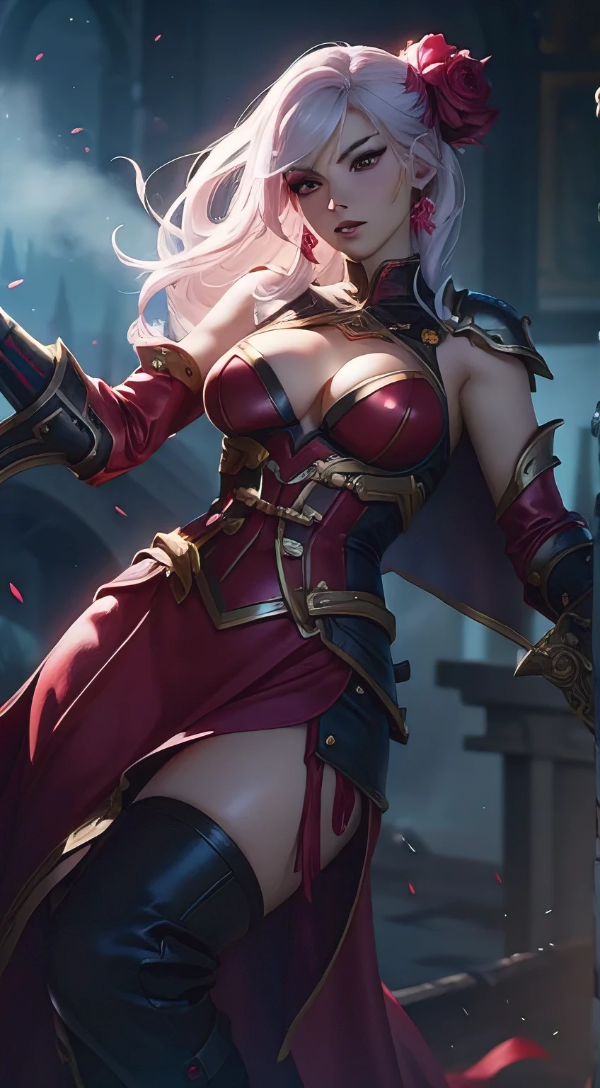 Beautiful girl in a red dress holding a sword in her hand, splash art, iconic character splash art, fuchsia skin below the armor, katarina, official splash art, extremely detailed artgerm, ashe, style artgerm, league of legends character, fuchsia skin beneath the armor, ig model | artgerm, astri lohne, kda