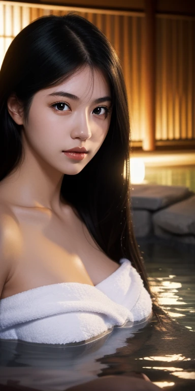 NSFW:1.4, Cute 15 year old girl taking a rocky hot spring at night、full body Esbian、Portrait、japanes、Hot and dazed look、Beautiful figure、Soft skin、insanely large breasts、Very deep composition、Focus on the chest、Painting a hazy picture with steam、Soft Bulb Lighting、Sneak photos from the summit with Super Zoom、Slightly grainy image quality due to lack of lighting、secret hot spring