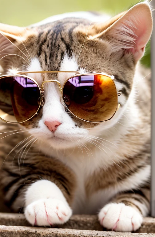there is a Cat wearing sunglasses laying on a railing, with sunglasses, awesome Cat, in sunglasses, Looks really cool and stylish, sunglasses, cool sunglasses, sunglasses付き, sunglasses, !!!! Cat!!!!, wearing cool sunglasses, funny Cat, ginger Cat, orange Cat, sunglasses on, wearing sunglasses, CatsCatsCats, !!! Cat!!!
