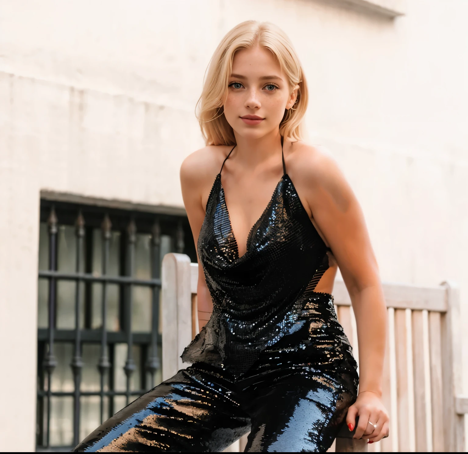 mulher, americana, 25 anos, pale skin and freckles, olhos cinzas, nariz delicado, soft and delicate lips, longo, cabelo blondie longo e ondulado na altura da cintura, sorriso meigo, face with delicate feminine facial features, altamente renderizado