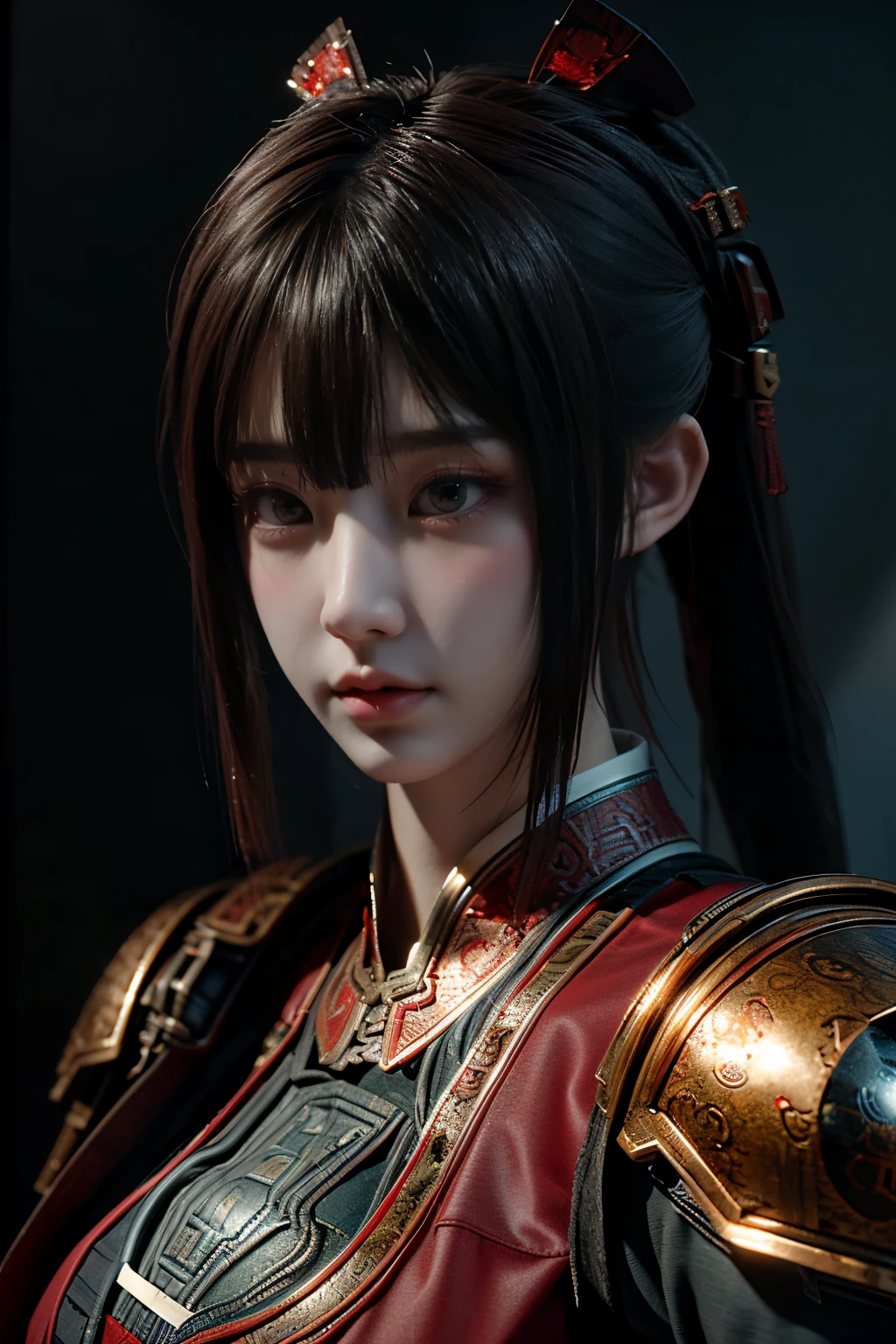 Masterpiece,Game art,The best picture quality,Highest resolution,8K,(Portrait),Unreal Engine 5 rendering works,(Digital Photography),
Girl,Beautiful pupil,(Gradual short hair is blue and red),Busty,(Big breasts),(Portrait photography:1.5),
(A chivalrous woman in Tang Dynasty),Casual hairstyle,Delicate faces,(Full breasts,Big breasts),Serious,Cool and elegant,(Wearing combat armor combined with the characteristics of ancient Chinese clothing,A complex pattern,Mysterious light,Hollow Armor),(Red and black),Ancient fantasy style characters
Movie lights,Ray tracing,Game CG,((3D Unreal Engine)),oc render reflection texture