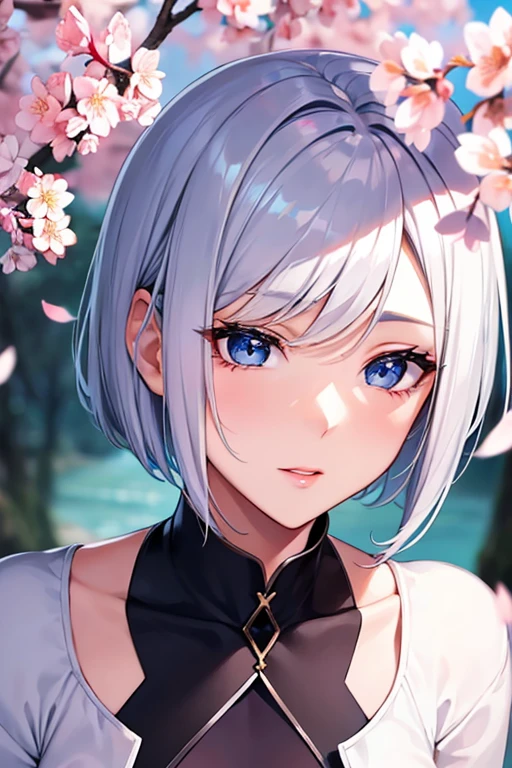 silver hair　short hair　blue eyes　Crisp look　fair skin　Beauty　cherry blossoms　cherry blossoms吹雪　beautiful