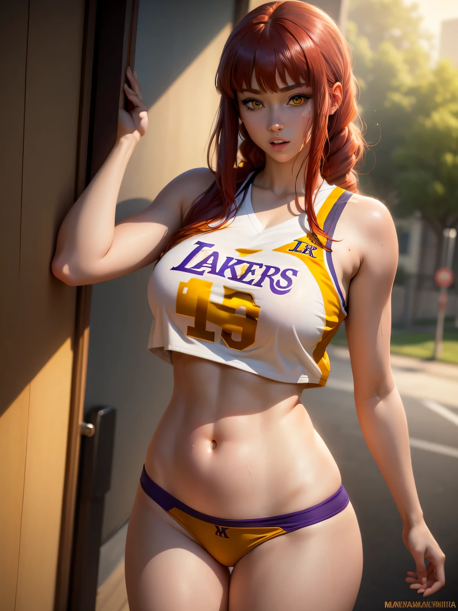 (masterpiece, best quality:1.2), solo, 1girl, red hair, yellow eyes (high detailed-eyes), makima wearing a lakers basketball uniform,, big tits,big ass, wide hips,, wet, hot.