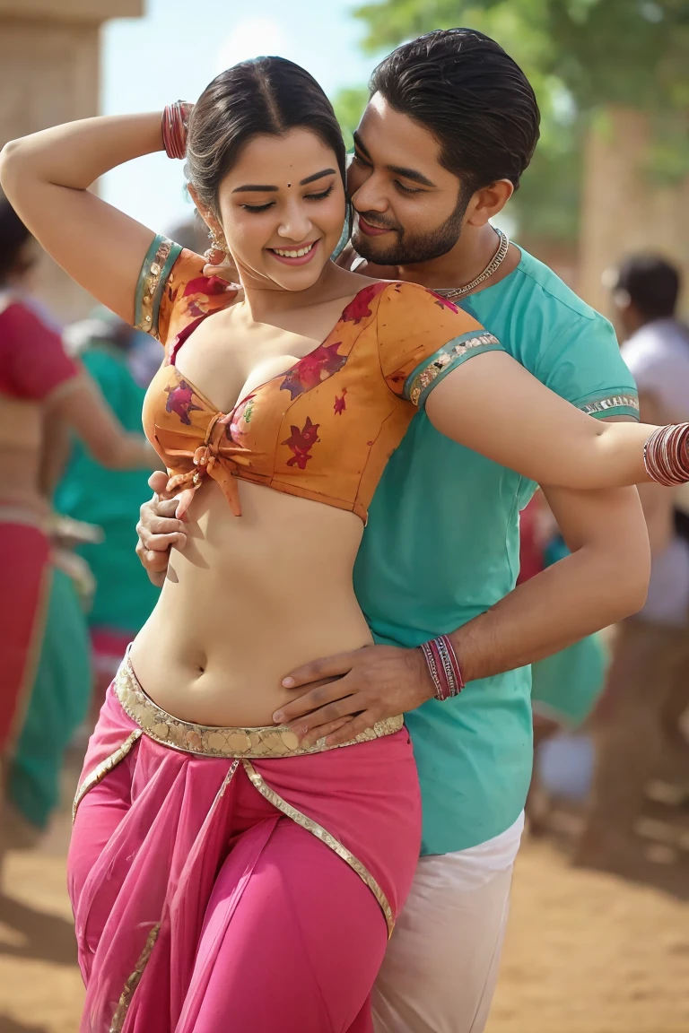 1boy, 1girl, HD wallpaper 32k cinematic shoot of a Beautiful cute Indian girl, with thick thighs and a curvy slim waist, smiling, wearing an Indian song dress, ((navel)), ((long curvy waist)), ((a man hugging from behind))