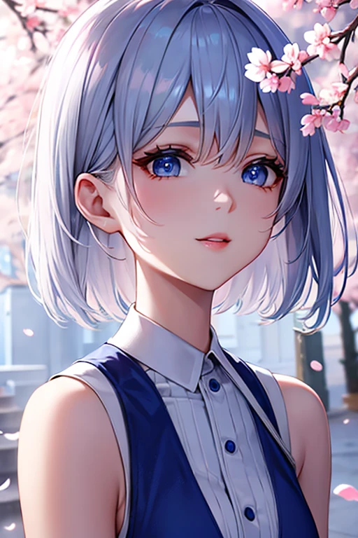 silver hair　short hair　blue eyes　Crisp look　fair skin　Beauty　cherry blossoms　cherry blossoms吹雪　beautiful　blue dress