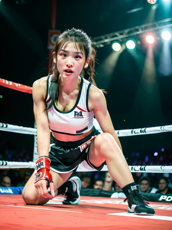 (8K, Raw photo, highest quality, table top:1.2), (realistic, Photoreal:1.37),1 girl,cute, (alone),detailed face, elevation angle,
,boxing uniform,avert your eyes,sporty,straight　punch,wet skin,Sweat,big breasts,nice　foot,boxing venue  ,
