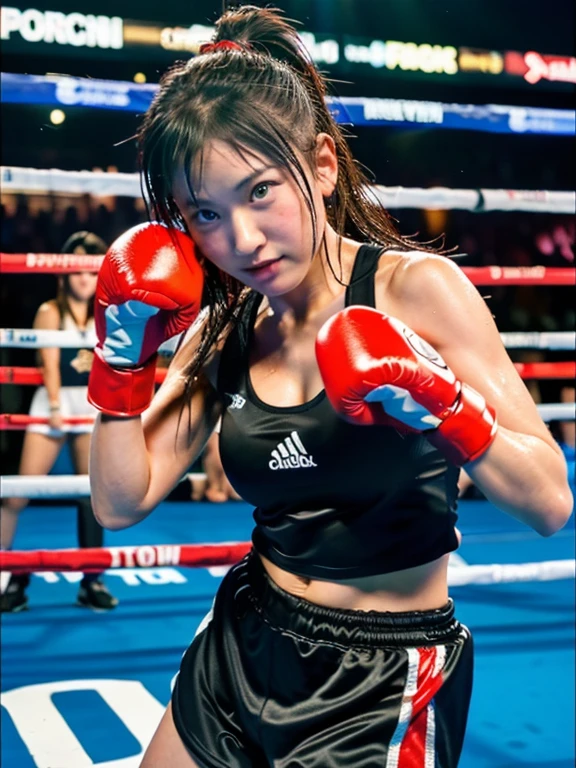 (8K, Raw photo, highest quality, table top:1.2), (realistic, Photoreal:1.37),1 girl,cute, (alone),detailed face, elevation angle,
,boxing uniform,avert your eyes,sporty,straight　punch,wet skin,Sweat,big breasts,nice　foot,boxing venue  ,