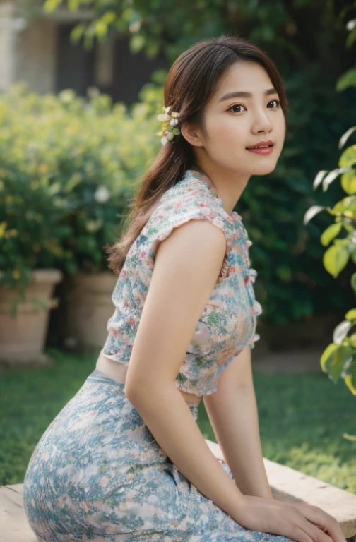 A cute Myanmar girl with beautiful detailed eyes and lips, medium:illustration, (best quality,4k,8k,highres,masterpiece:1.2), ultra-detailed, (realistic,photorealistic,photo-realistic:1.37), vibrant colors, soft lighting, traditional clothing, posing in a lush garden surrounded by blooming flowers, with a gentle breeze blowing her hair, capturing her joyful and charismatic expression. ((full body)), back view