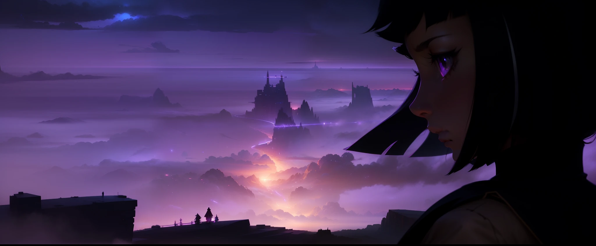 anime girl looking at a distant landscape with a purple sky, matte painting arcane dota pixar, krenz cushart and artem demura, ross tran. scenic background, concept art | rhads, background art, background artwork, inspired by Krenz Cushart, ilya kuvshinov landscape, concept art stunning atmosphere