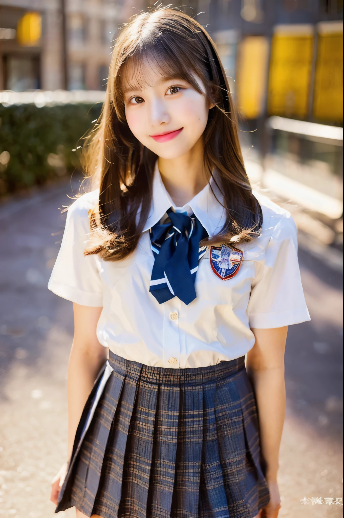 (best quality, perfect face, one woman, whole body, smile, young woman, high school girl, uniform), ultra-detailed, realistic:1.37, vivid colors, studio lighting, bokeh, portraits, composition:1.1, art gallery ambiance, delicate brushstrokes