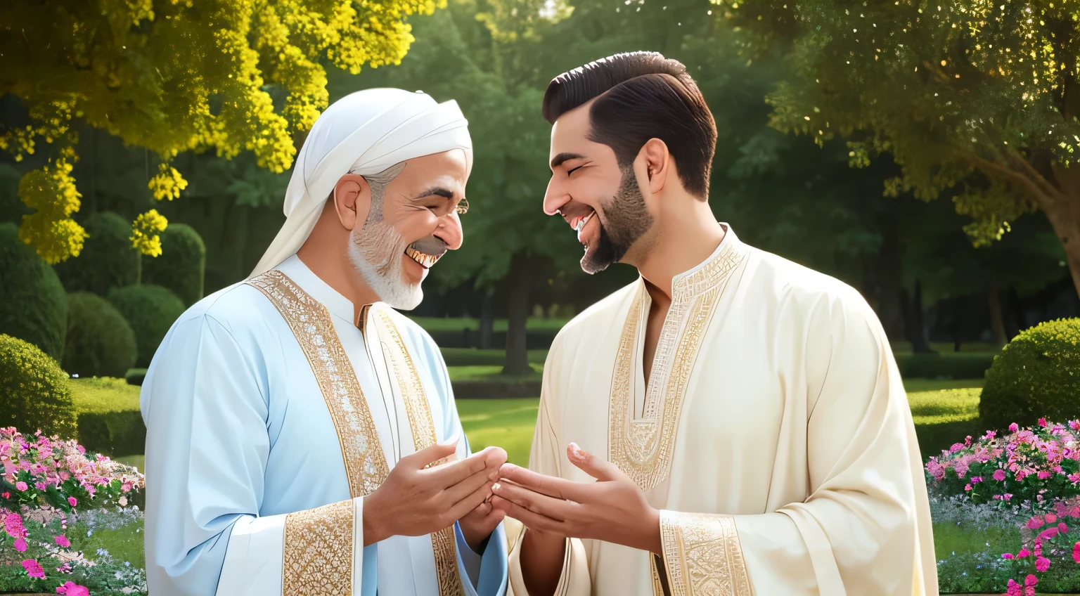 (best quality,4K,8K,high resolution,masterpiece:1.2),Super detailed,(actual,photoactual,photo-actual:1.37),Two men,Beautiful and delicate eyes,Beautiful and delicate lips,Extremely detailed eyes and face,Traditional Islamic clothing,garden background,Full of colorful flowers,soft natural light,Kindness and respect，peaceful atmosphere,of colors，walk，a man is happy，laughing out loud