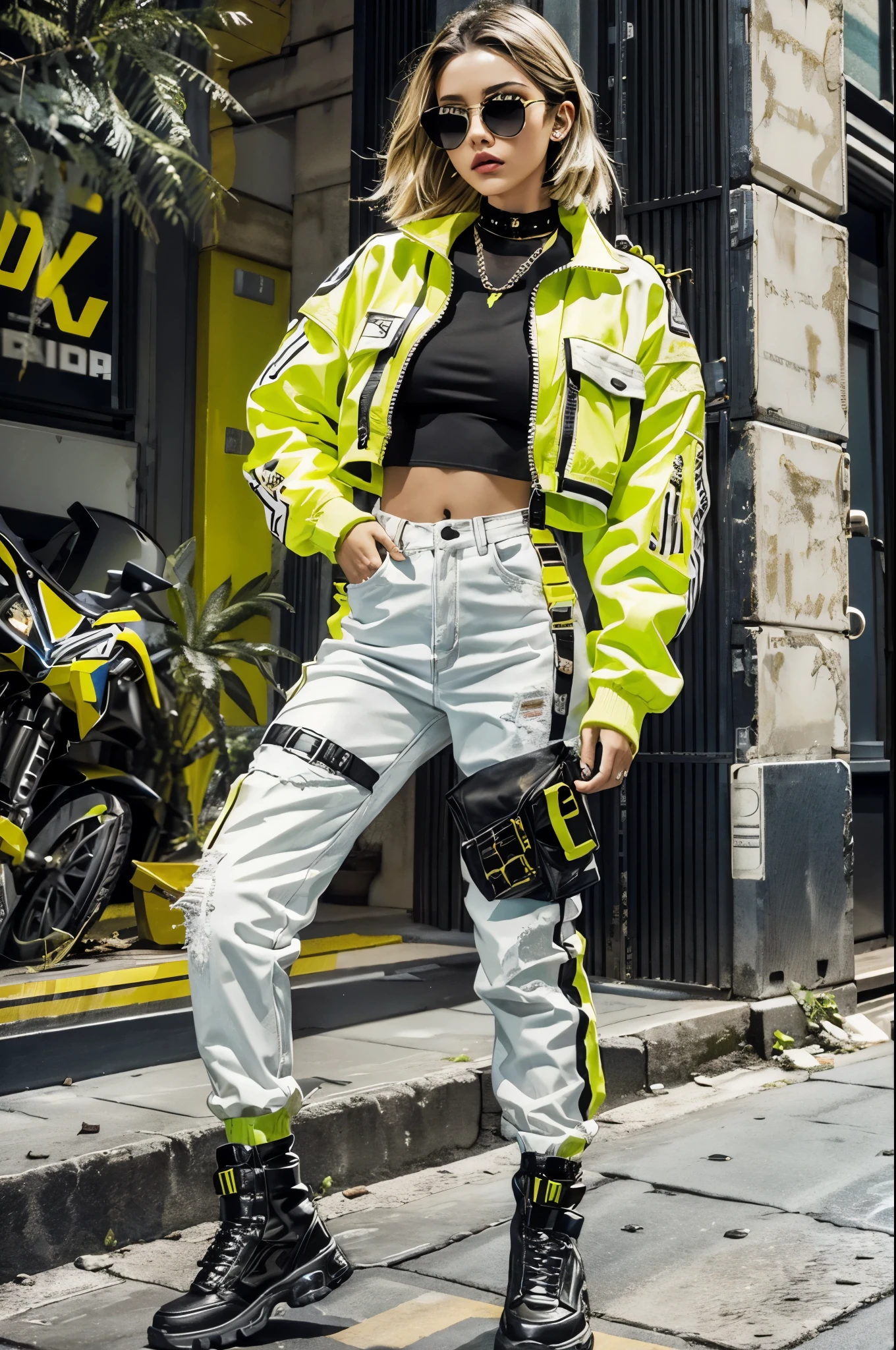 (ultra Detail, 8k, beautiful, best quality:1.2), Neon Yellow Streetwear with Harness Accents,
Craft a striking streetwear ensemble infused with neon yellow accents, juxtaposed against black and white tones,
Begin with a sleek black bodysuit featuring strategic cutouts and mesh panels for a modern, edgy vibe,
Layer over the bodysuit with a cropped white denim jacket embellished with neon yellow graffiti-style graphics, adding a pop of color and urban flair,
Break
Pair the jacket with high-waisted black cargo pants featuring neon yellow contrast stitching and zipper details, exuding utilitarian-chic appeal,
Accessorize with a statement neon yellow harness worn over the jacket, creating a bold, avant-garde look,
Break
Complete the ensemble with chunky black combat boots adorned with neon yellow laces, adding an element of ruggedness and street cred,
Carry a sleek black crossbody bag with neon yellow piping and hardware accents, tying the look together with a touch of cohesion,
Break